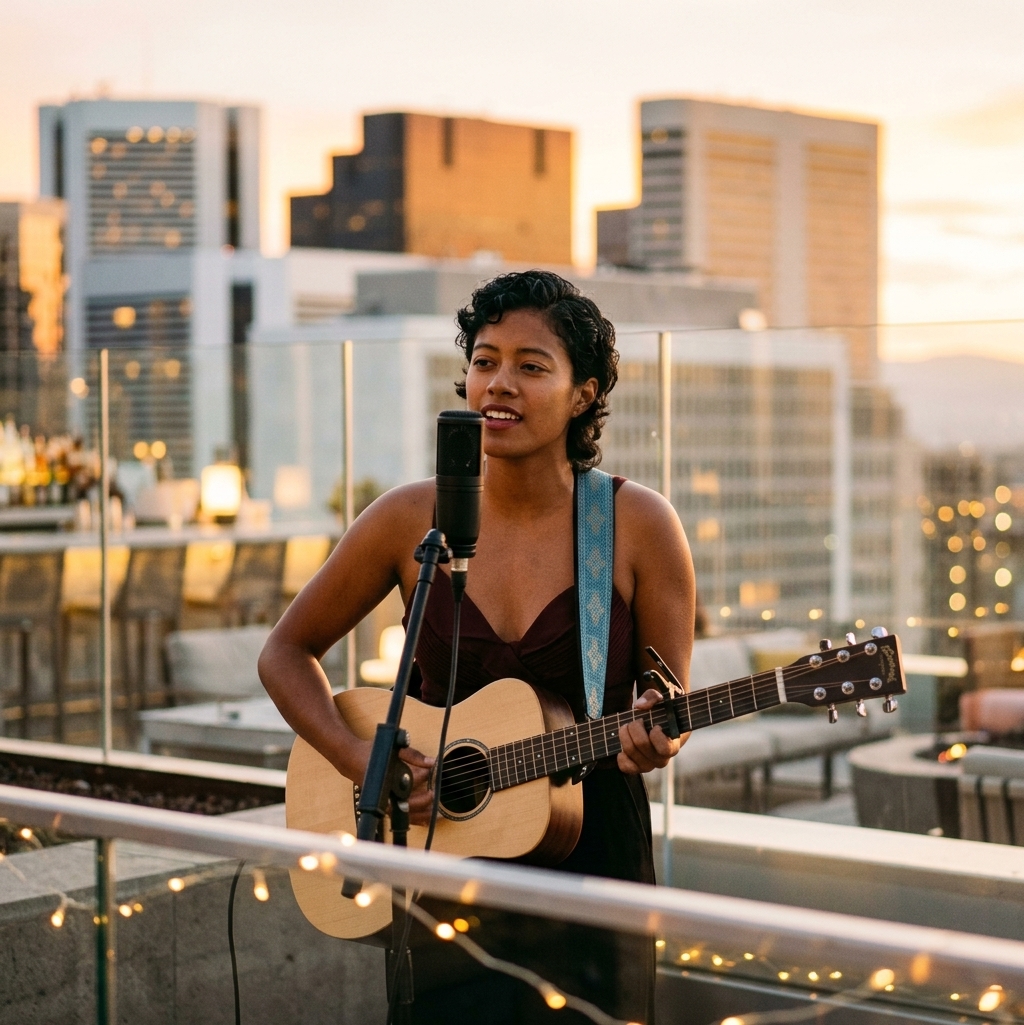 Ixchel Dion performing at a rooftop lounge at golden hour