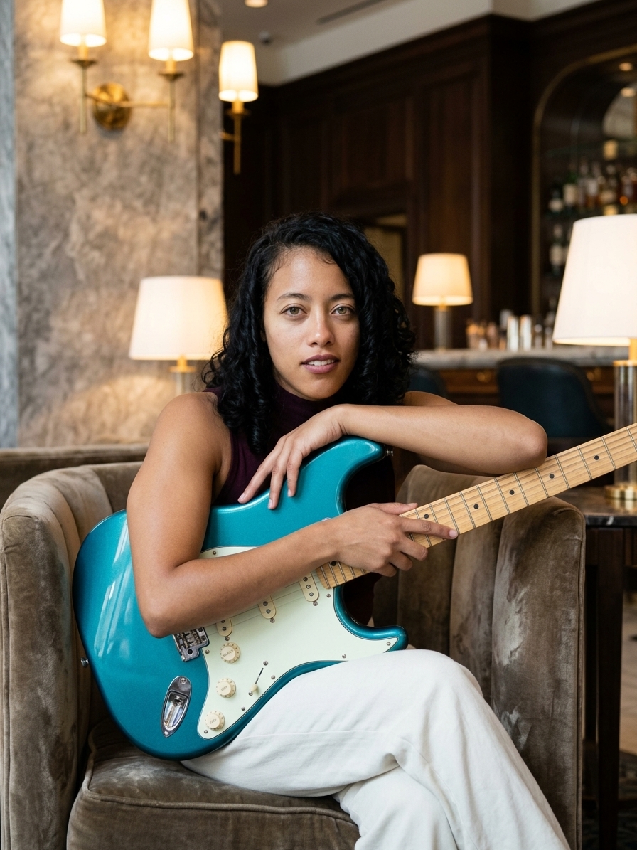 Portrait of Ixchel Dion seated with a guitar in a refined lounge